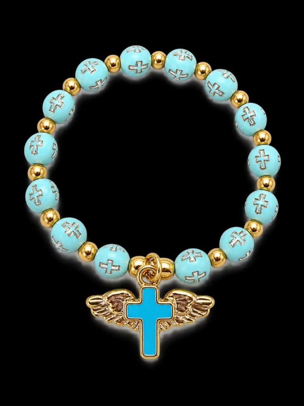 Turquoise Cross and Angel Wings Beaded Bracelet